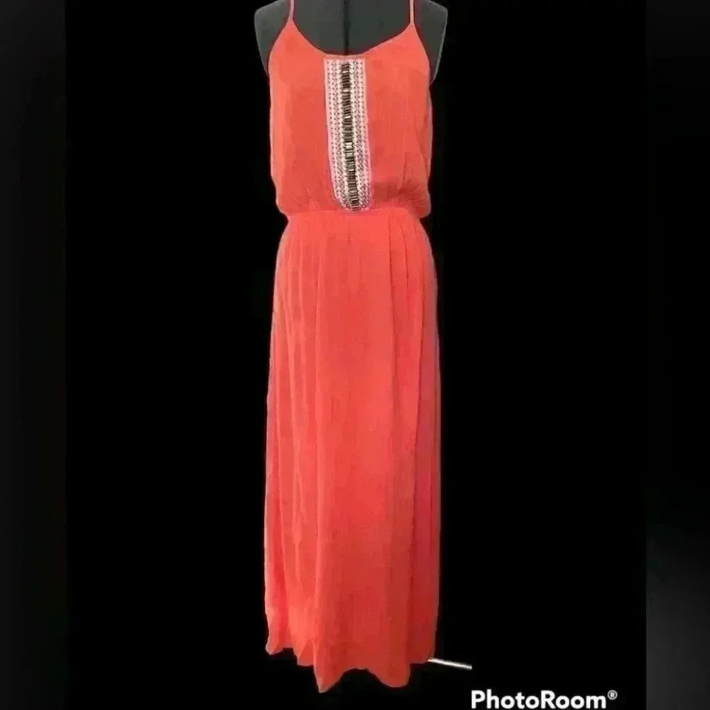BOBEAU spring summer salmon orange tropical maxi dress women LARGE
